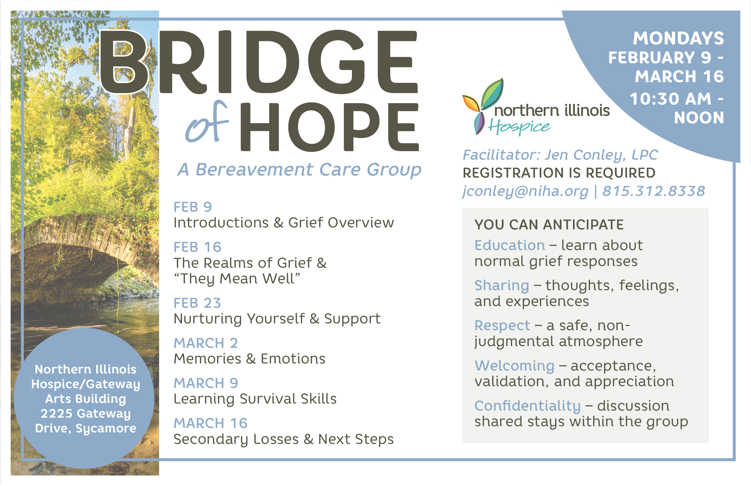 Bridge of Hope - A Bereavement Care Group - Sycamore - February 9, February 16, February 23, March 2, March 9, March 16 - Northern Illinois Hospice