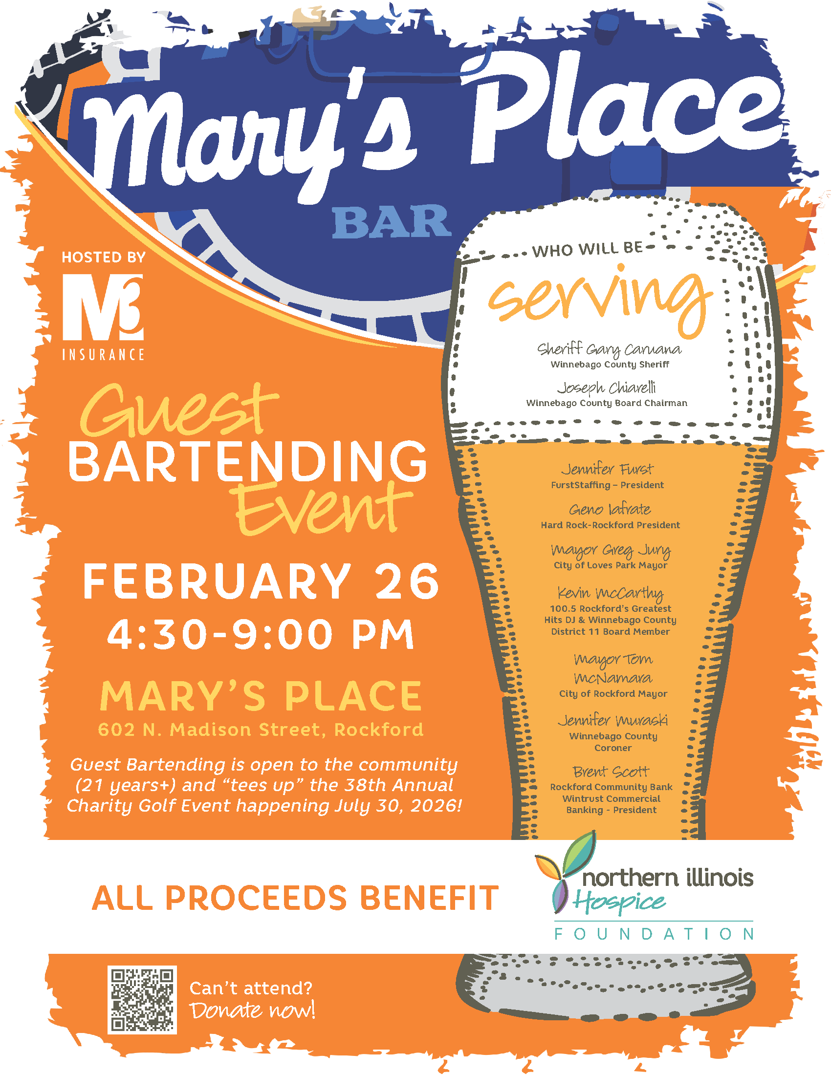 Guest Bartending Event - Northern Illinois Hospice Foundation - February 26, 2026 4:30 PM - 9:00 PM, Mary's Place, 602 N Madison St, Rockford, IL