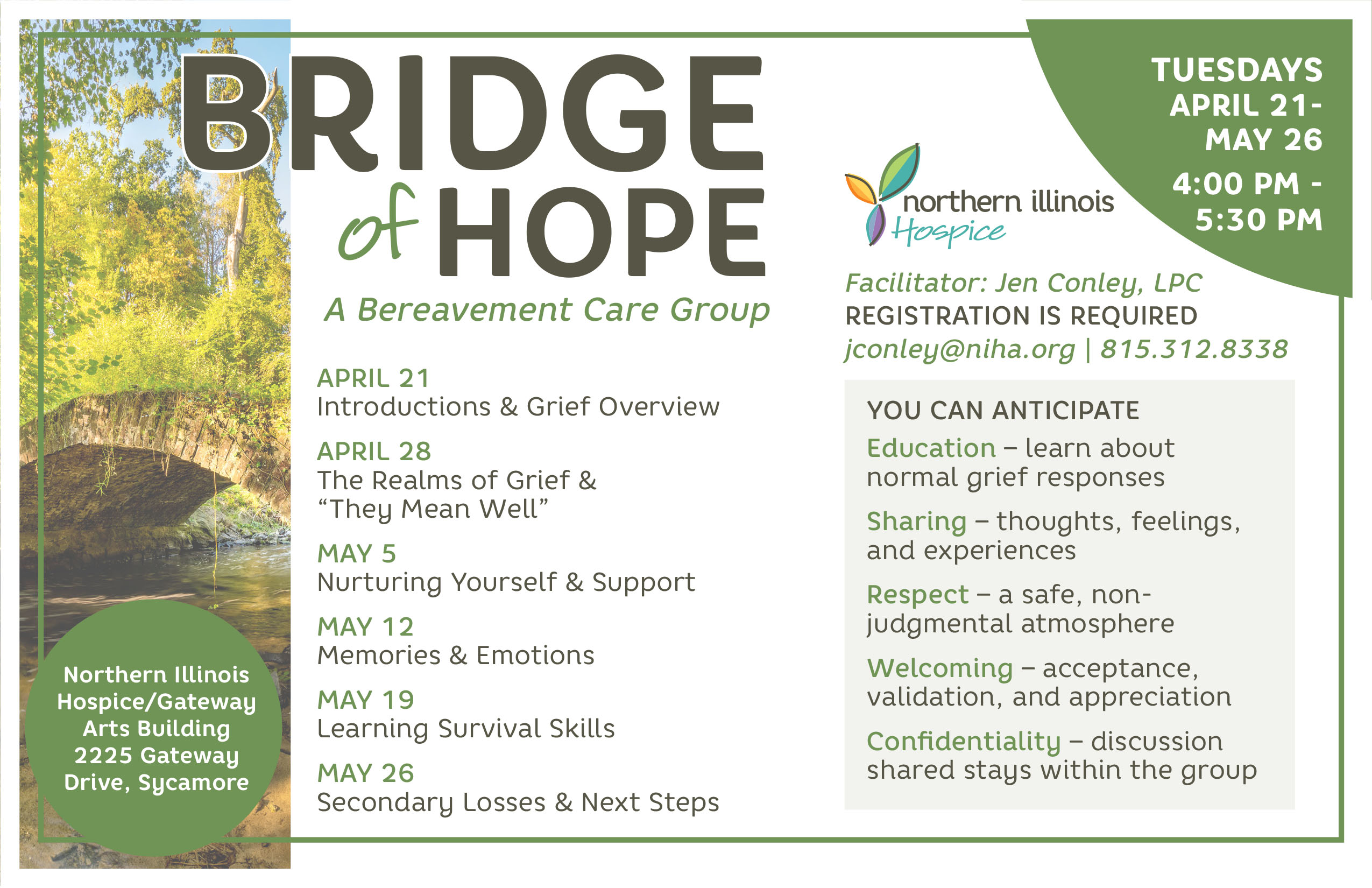 Bridge of Hope - A Bereavement Care Group - Sycamore - April 21, April 28, May 5, May 12, May 19, May 26 - Northern Illinois Hospice