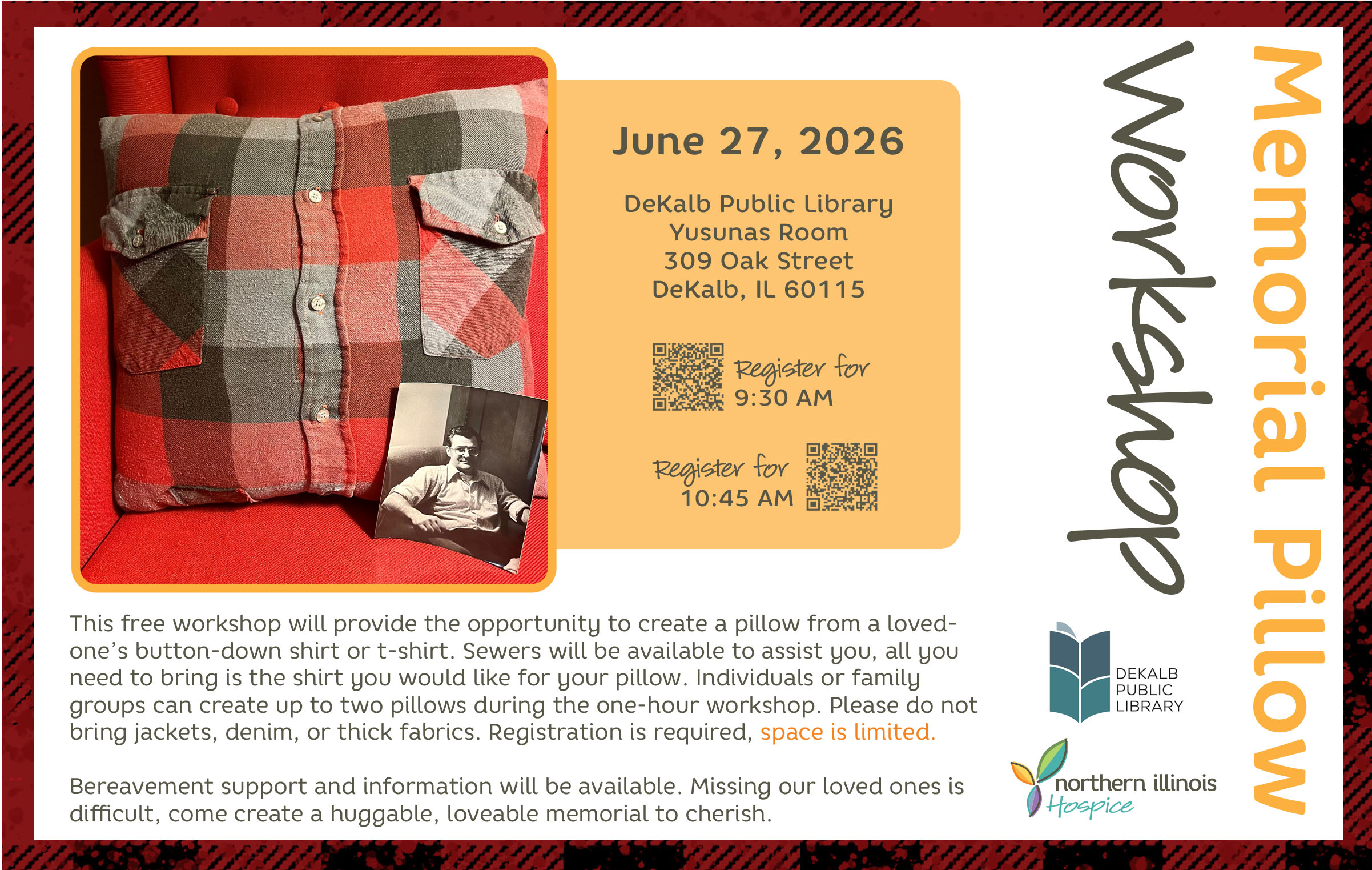 Memorial Pillow Workshop Event - June 27, 2025 - Dekalb Public Library, Yusunas Room - Northern Illinois Hospice