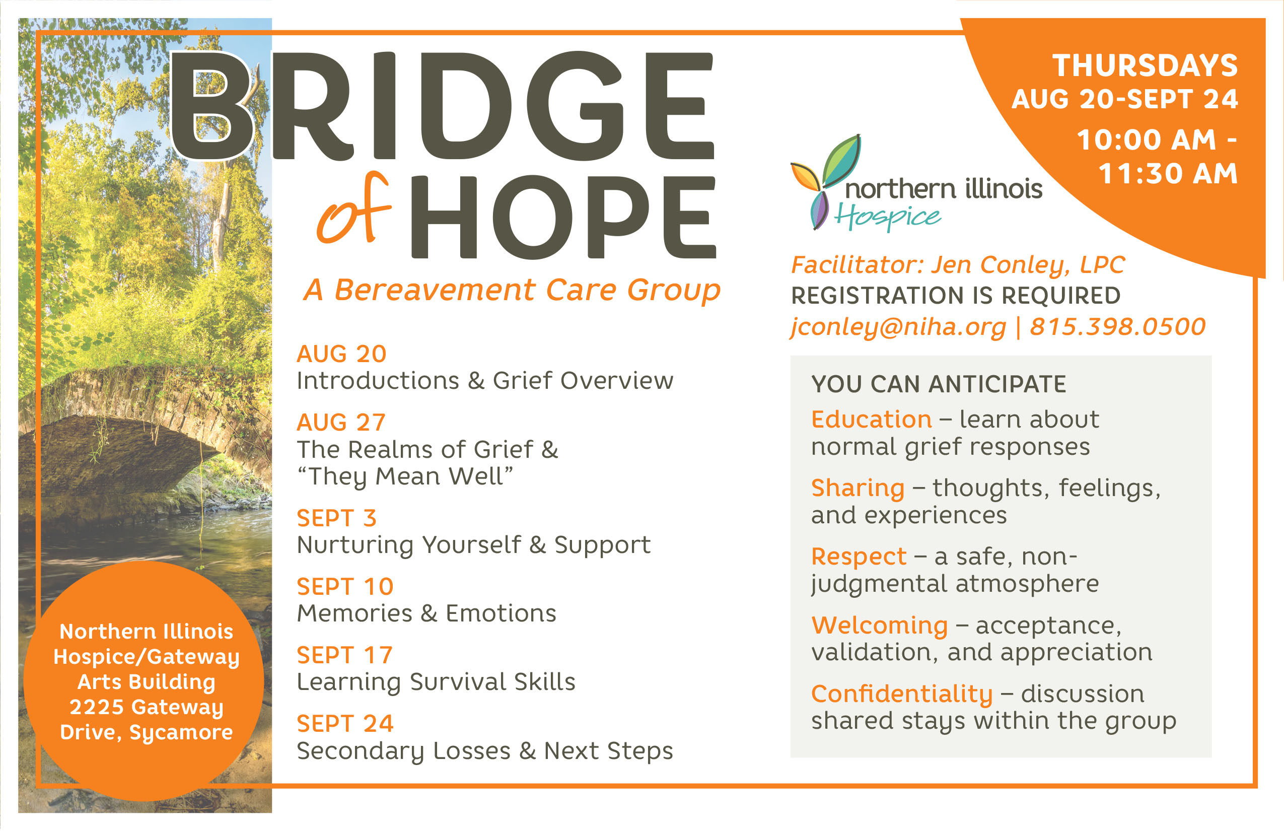 Bridge of Hope - A Bereavement Care Group - Sycamore - August 20, August 27, September 3, September 10, September 17, September 24 - Northern Illinois Hospice